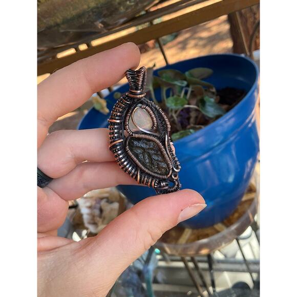 Intricate Moldavite With Opal Wire Wrap Pendant - Picture 8 of 11
